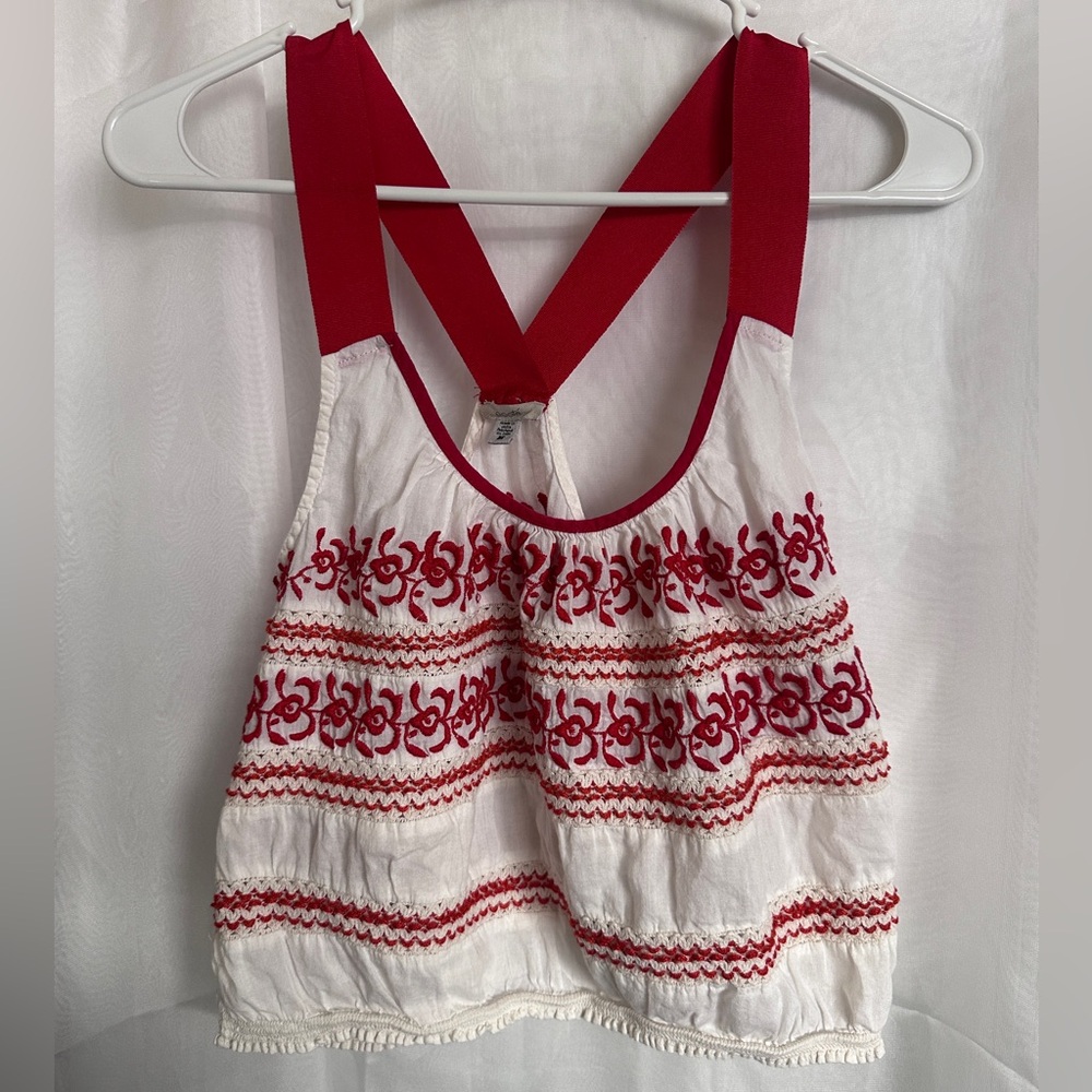 Urban Outfitters Red and White Embroidered Top NWT